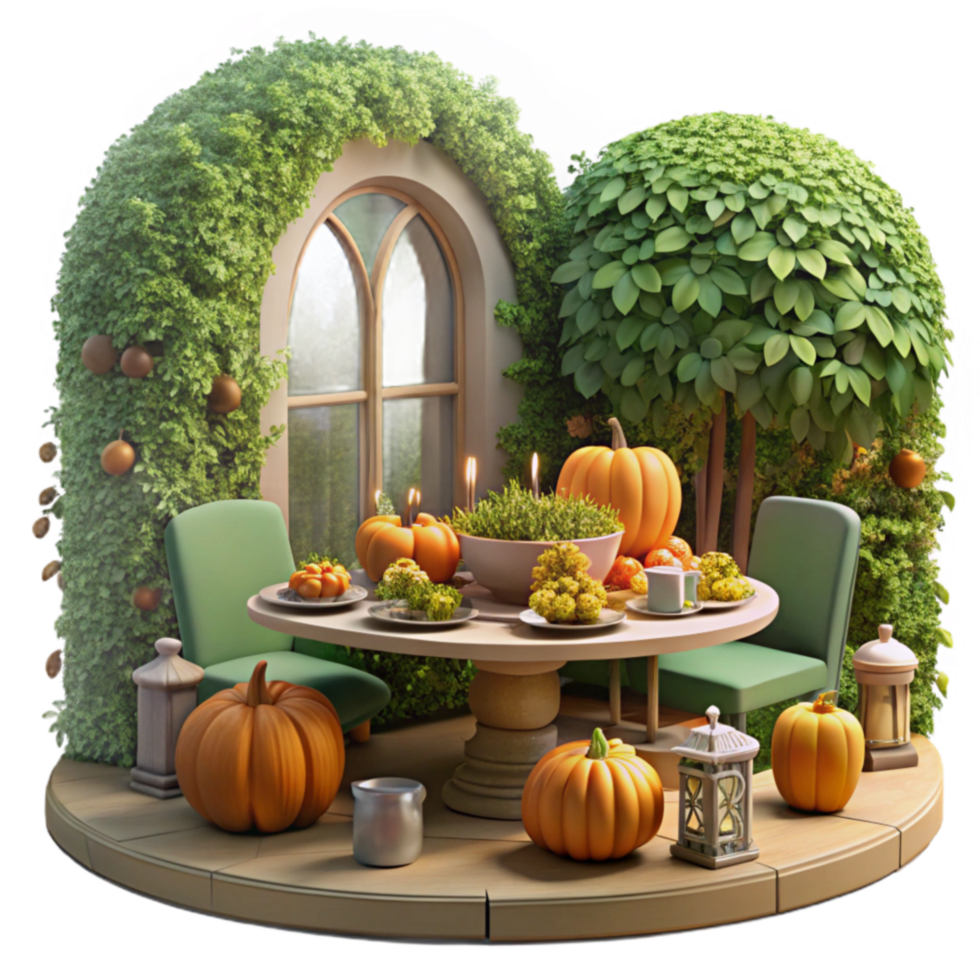vibrant vintage Autumn Harvest Table Setting Cozy Outdoor Patio Scene exclusive png