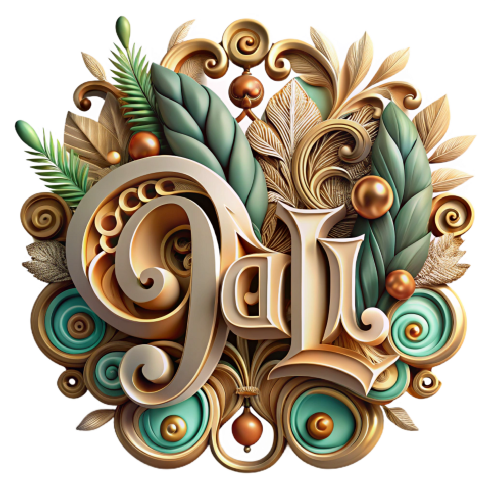 beautiful modern Ornate 3D Lettering Gold, Teal, and Leaf Design 4K png