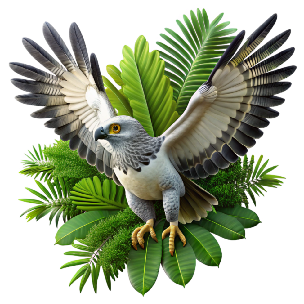 extraordinary abstract Majestic Gray Hawk Soaring Amid Lush Tropical Foliage high quality png