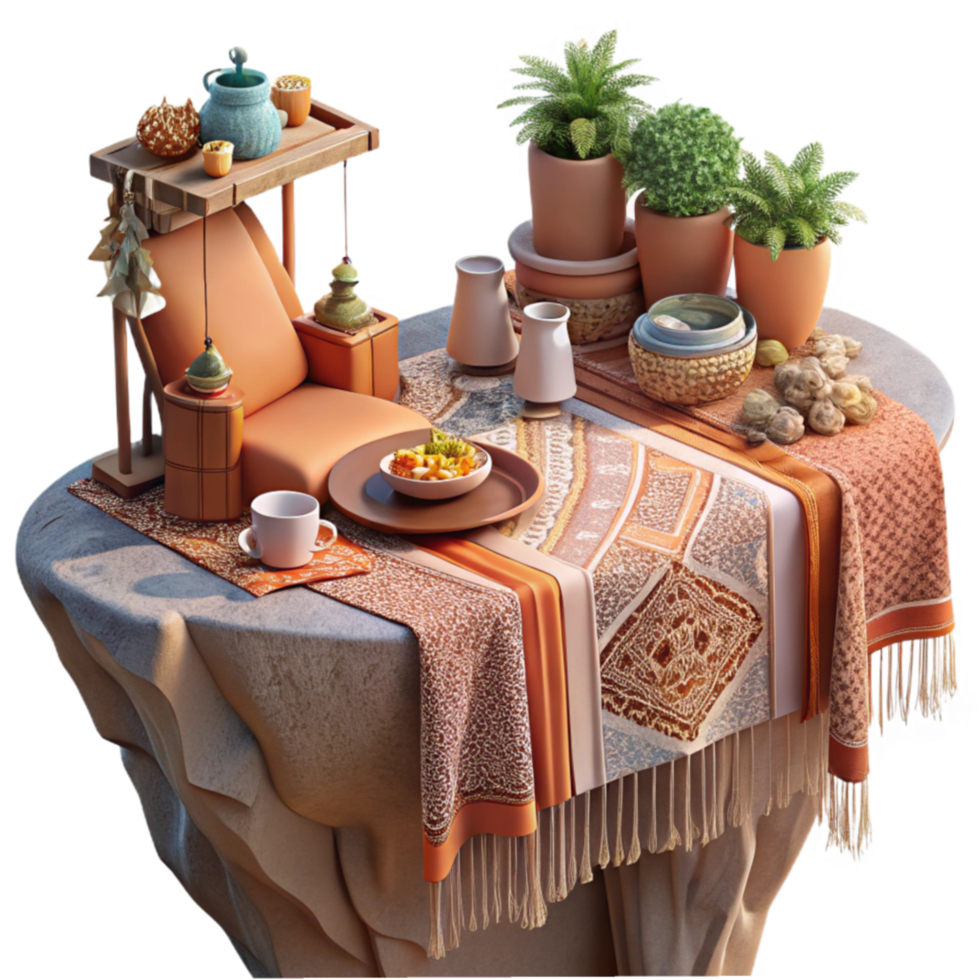 Serene Outdoor Table Setting with Plants and Woven Textiles png