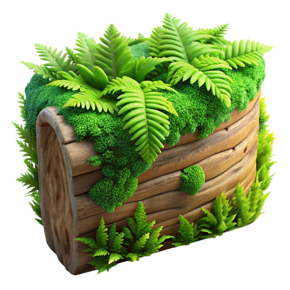 Moss-Covered Log Planter with Ferns png