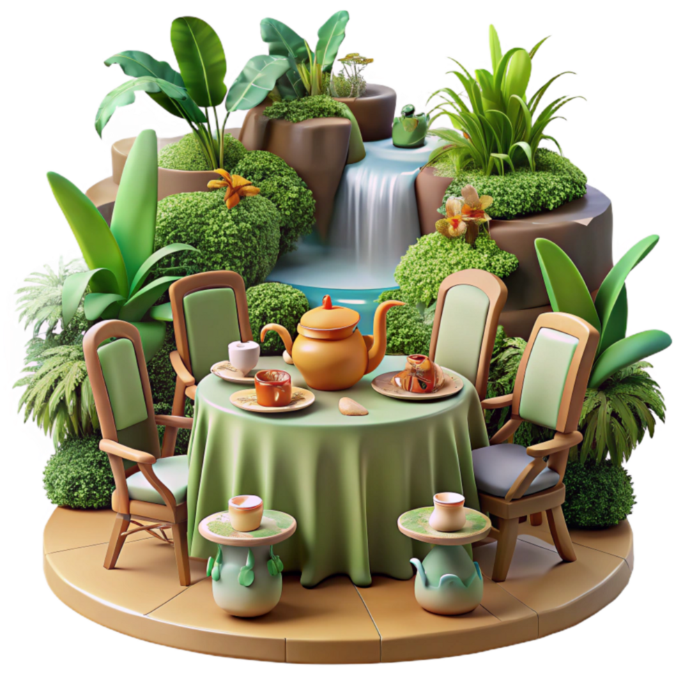 extraordinary traditional Serene Garden Tea Party Waterfall Oasis premium png