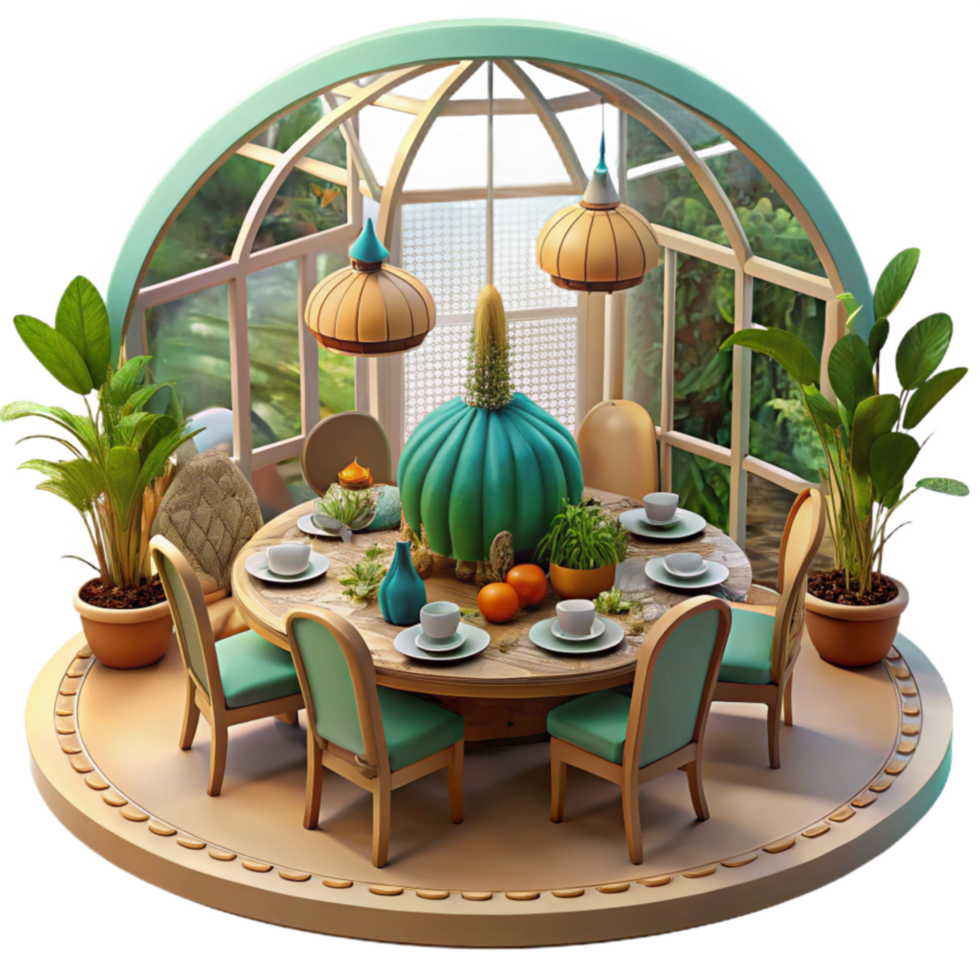 serene abstract Serene Garden Dining Room Plants, Table Setting, and Dome high resolution png