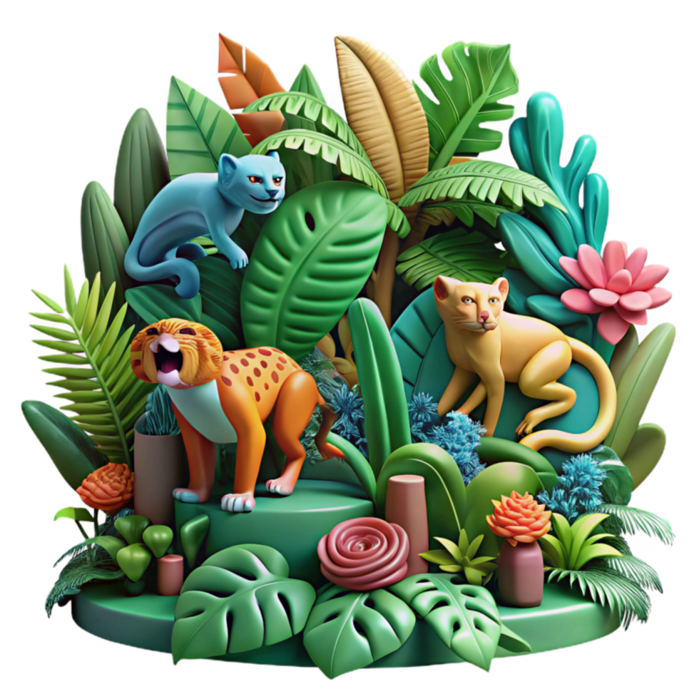 extraordinary abstract Jungle Cat Scene 3D Render of Big Cats in Lush Tropical Foliage detailed png