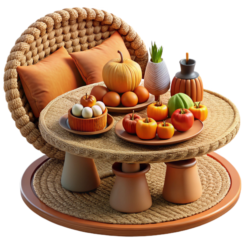 vibrant artistic Autumn Harvest Table Setting with Rattan Furniture premium png