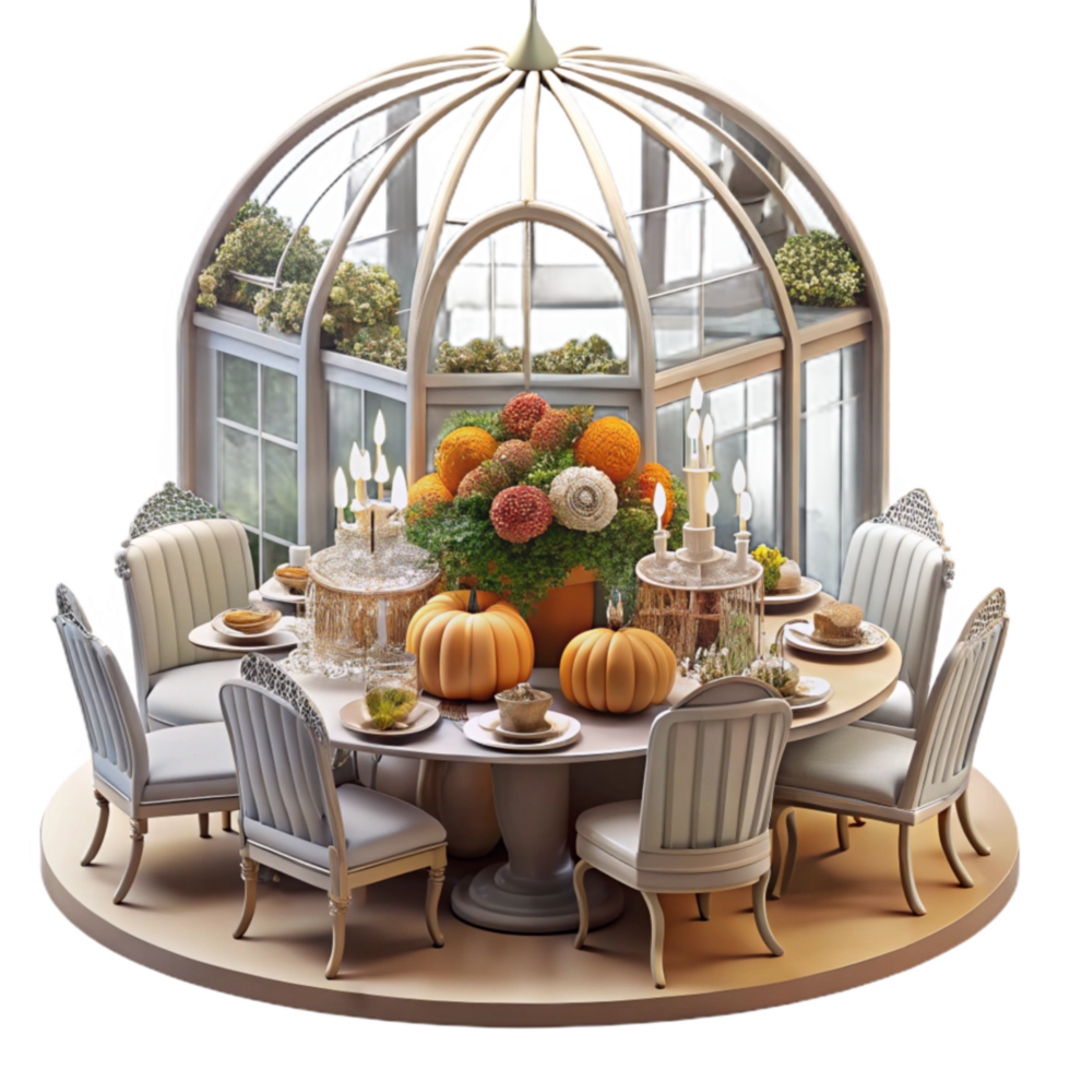 beautiful classic Autumn Greenhouse Dining Festive Table Setting high resolution png