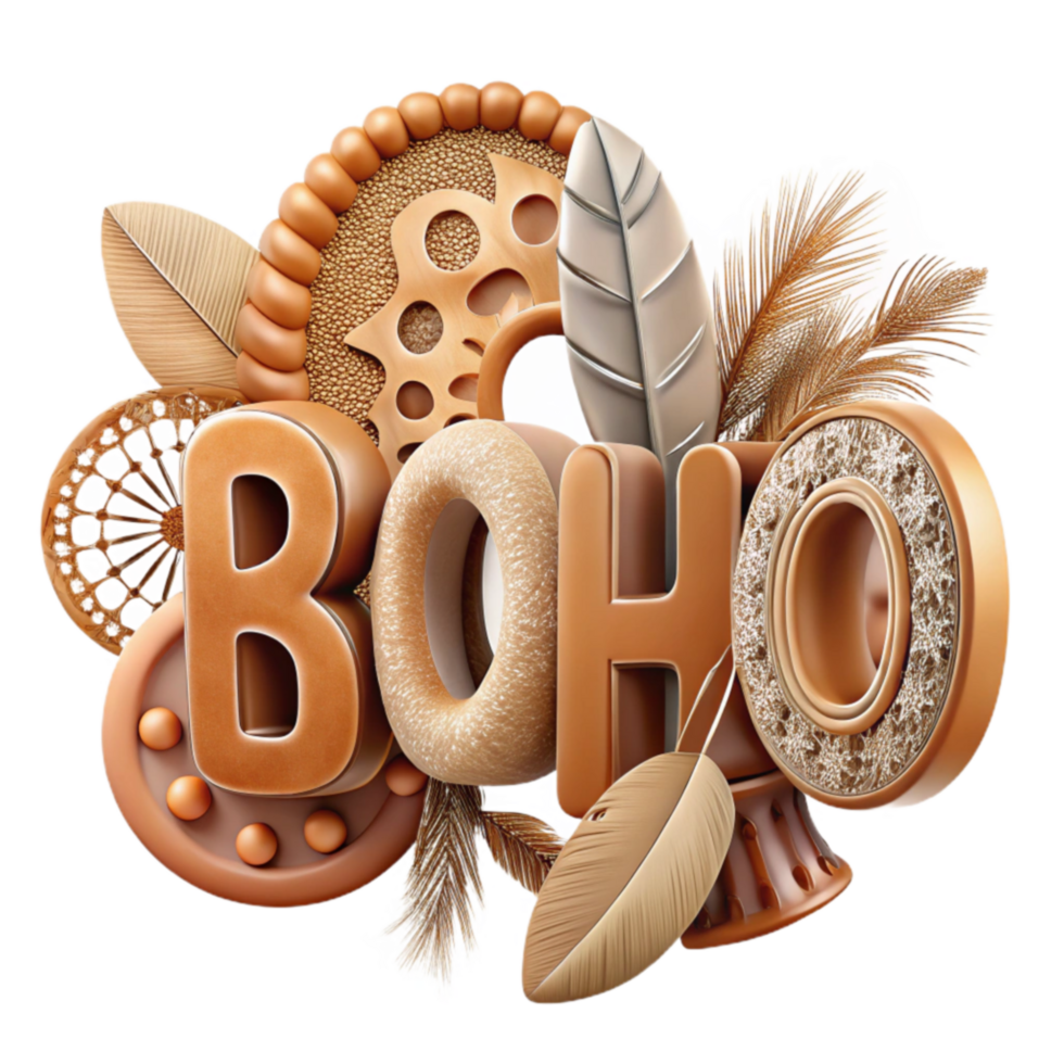Boho Chic 3D Textured Design with Feathers Ornamental Elements png