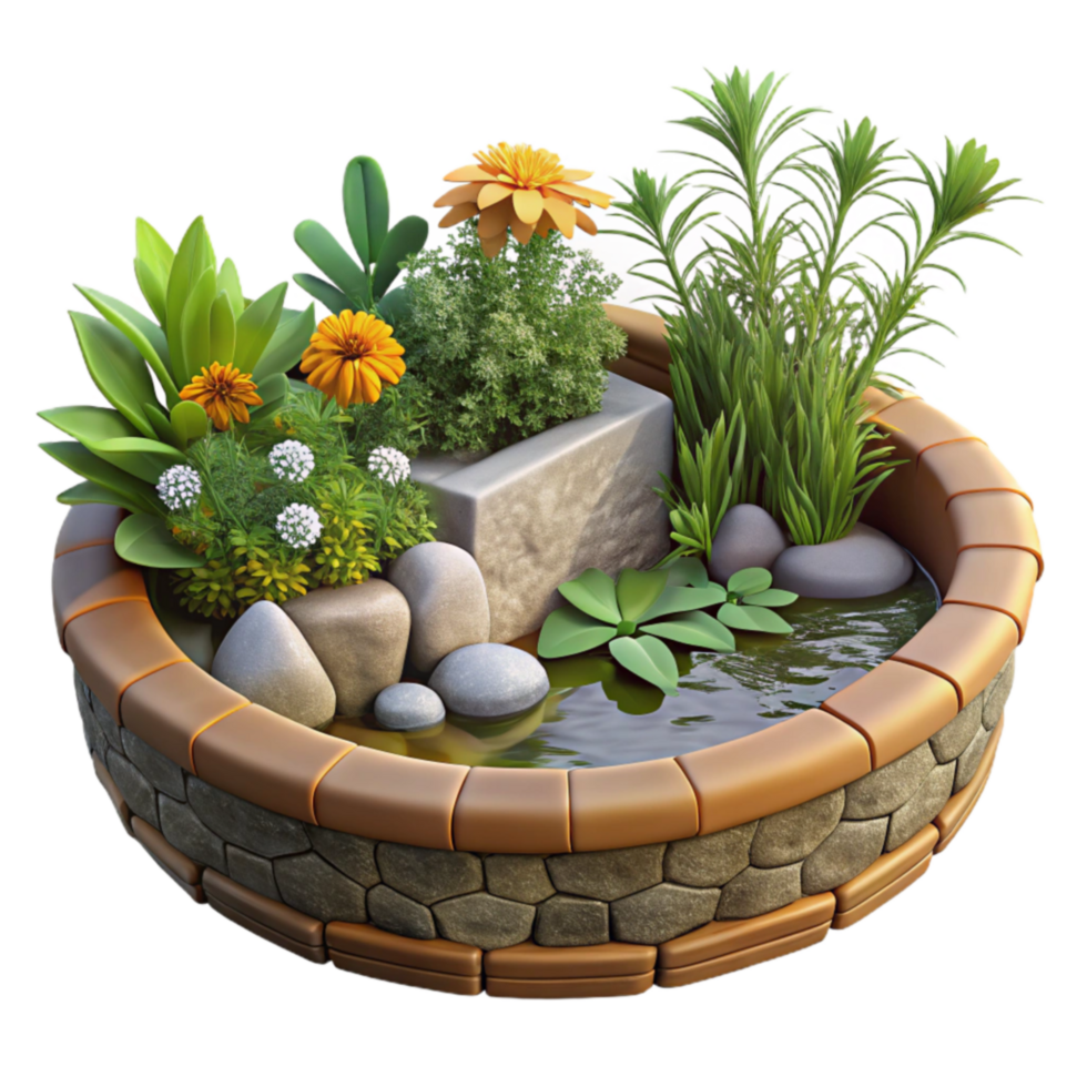 dramatic classic Circular Garden Pond Design with Stone and Flowers authentic png