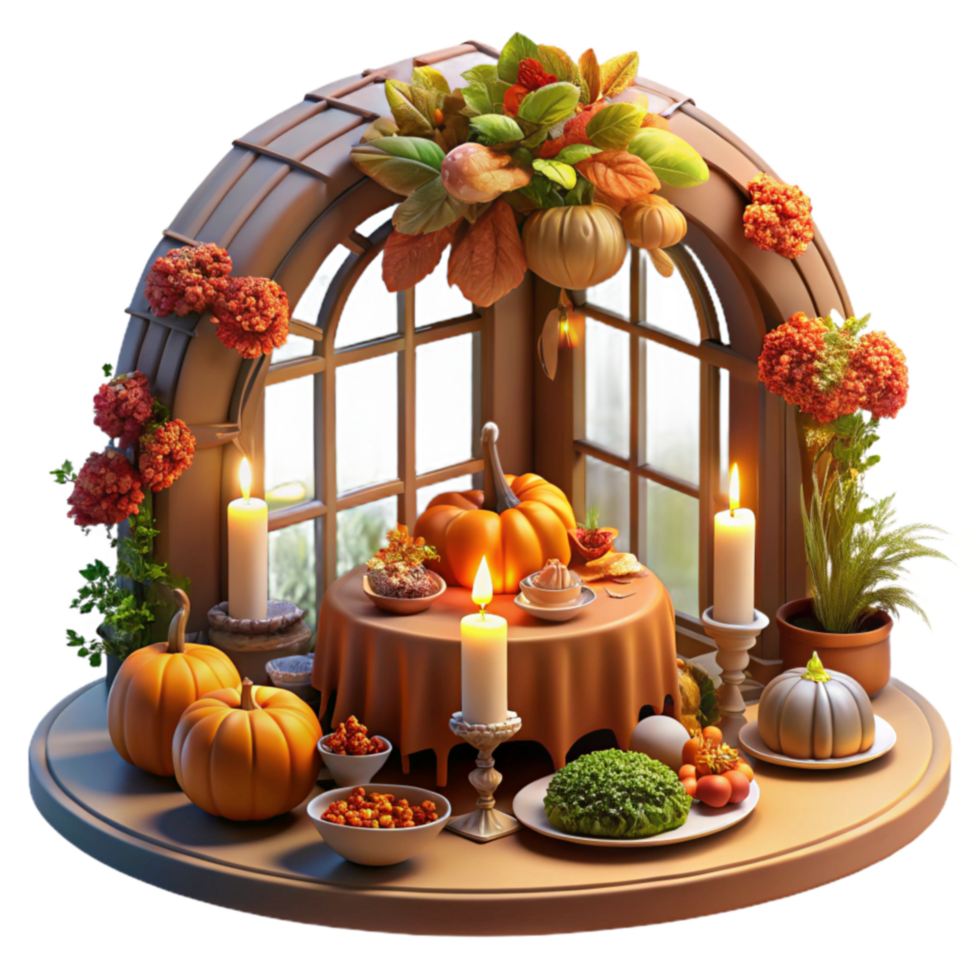 magnificent classic Autumn Harvest Window Scene Festive Table Setting authentic png