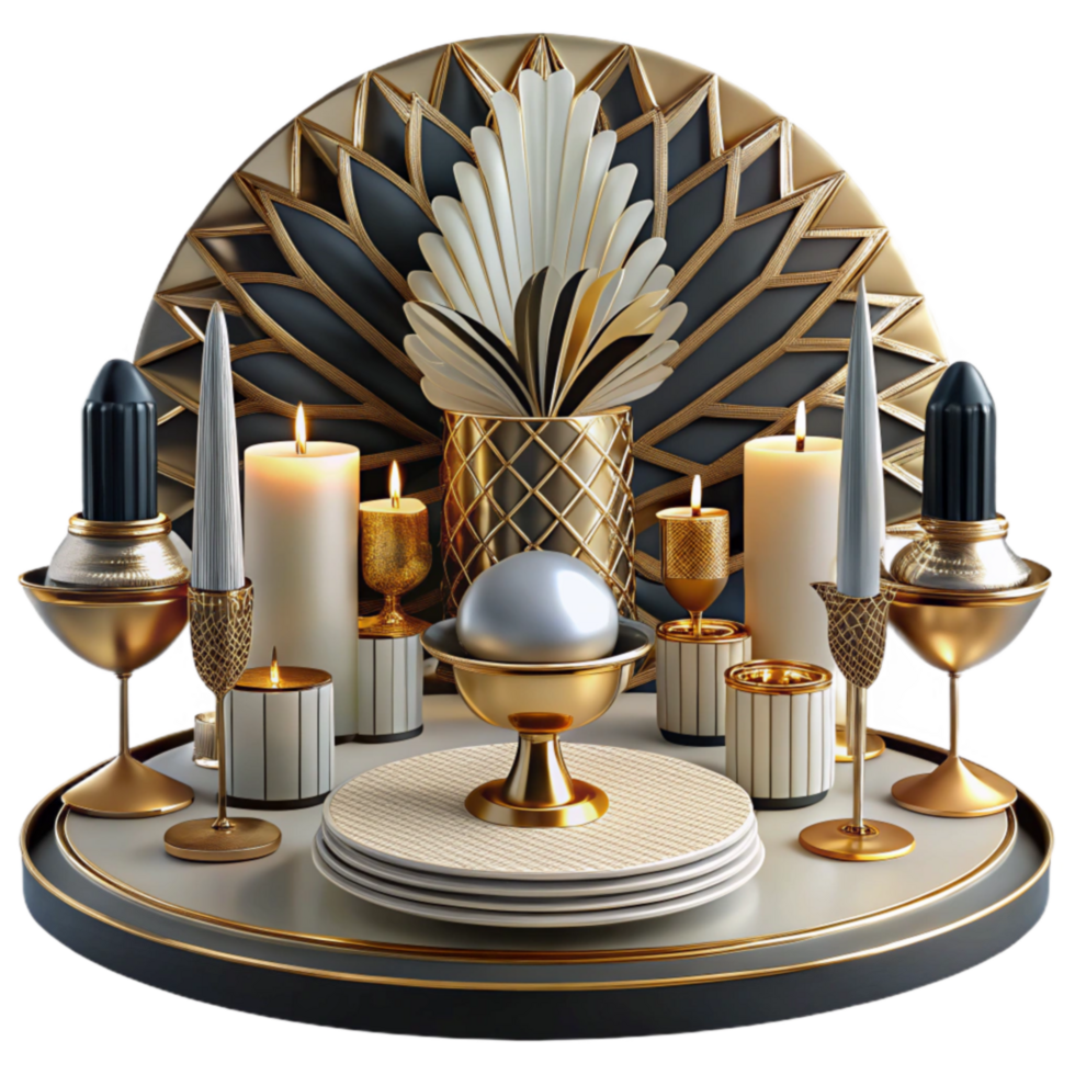 Art Deco Candles, Gold Decor, and Elegant Table Setting png