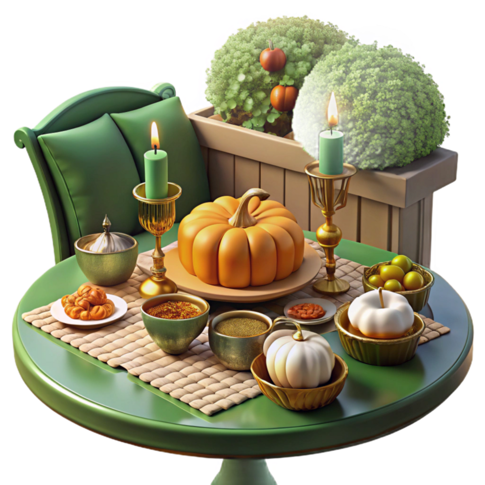 Autumn Harvest Table Setting Pumpkins, Candles, and Fall Treats png