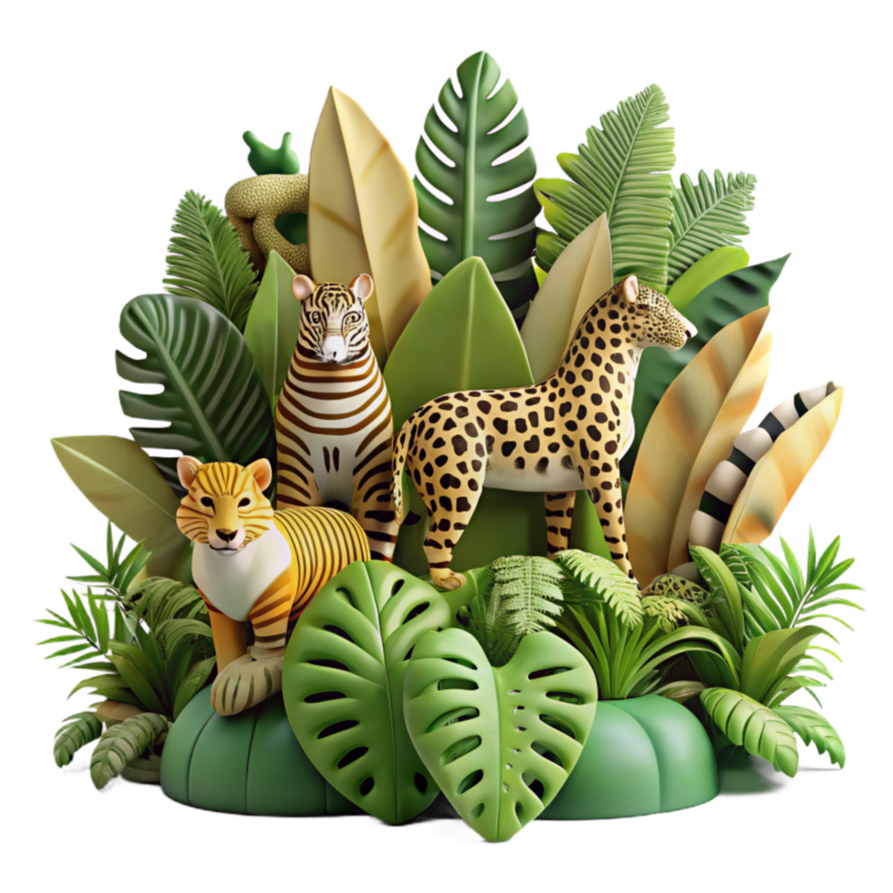 Jungle Cat Trio Amidst Lush Tropical Foliage png