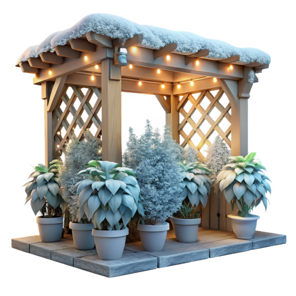 dramatic classic Winter Garden Gazebo Snow-Covered Pergola with Lights and Plants detailed png