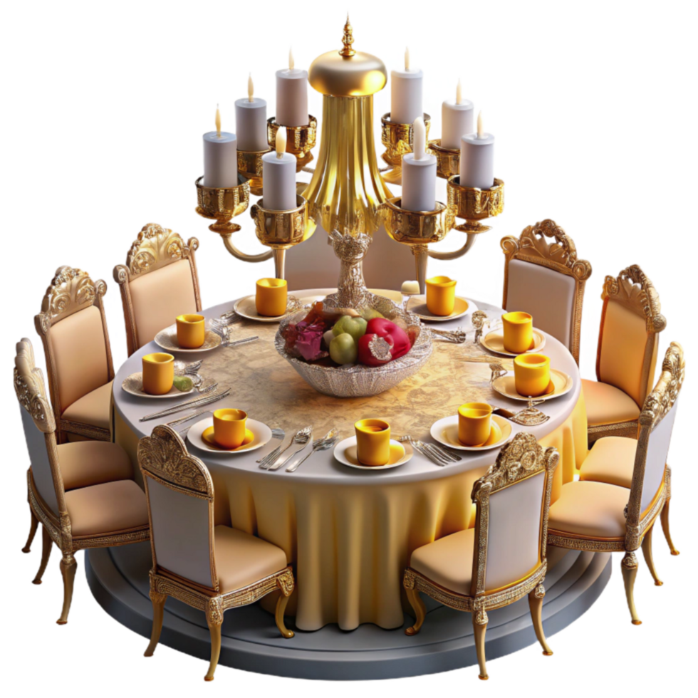 Elegant Gold Table Setting with Fruit and Candles png