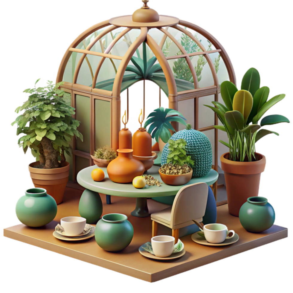 elegant minimalist Cozy Greenhouse Interior Design Plants, Table, and Tea authentic png