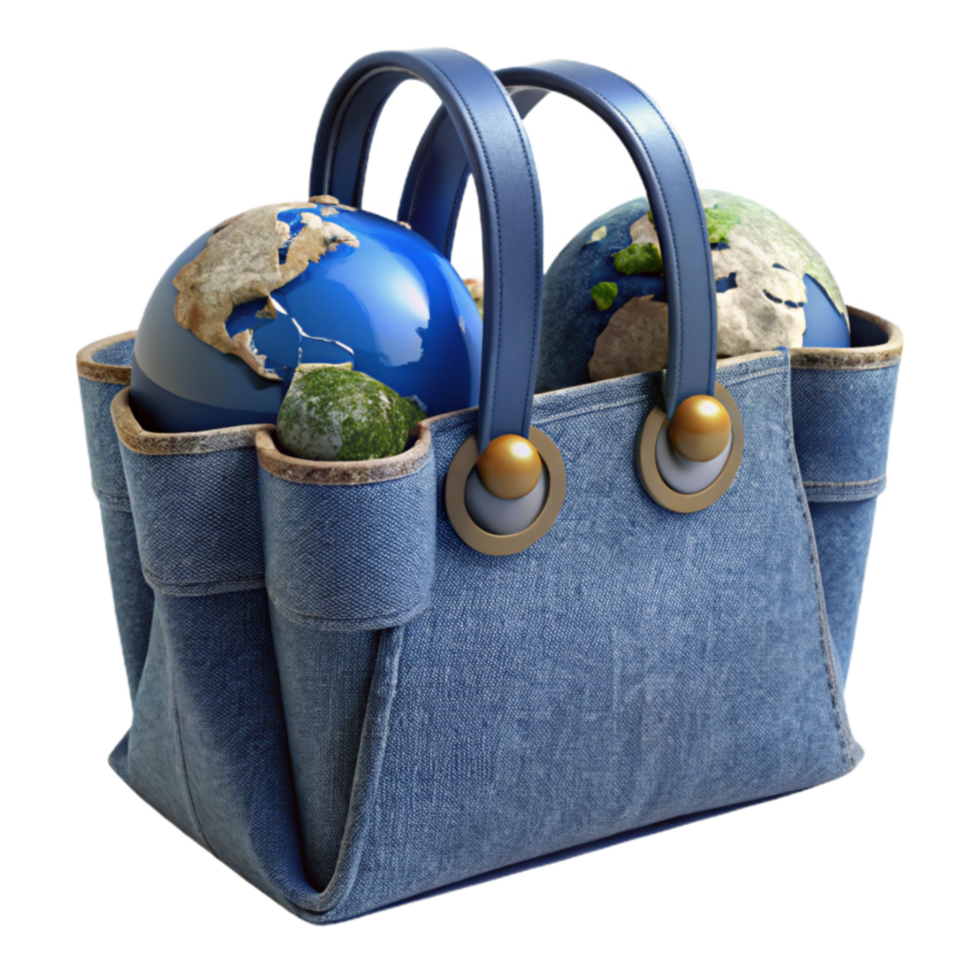 serene rustic Global Shopping Eco-Conscious Consumerism in a Denim Tote original png