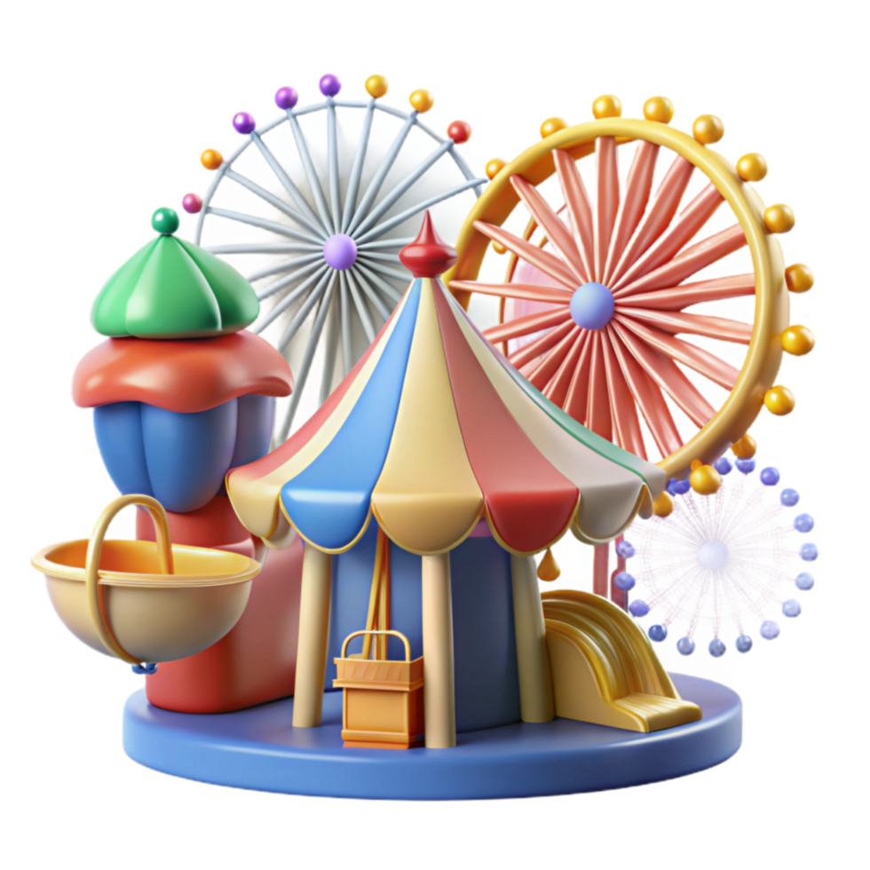 vibrant minimalist Amusement Park Fun Ferris Wheel, Carousel, and More detailed png