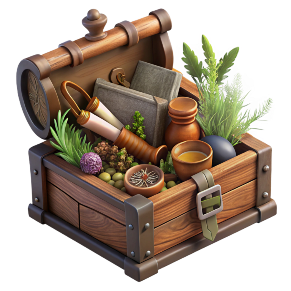 Ancient Herbalists Chest Herbs, Tools, and Scrolls png
