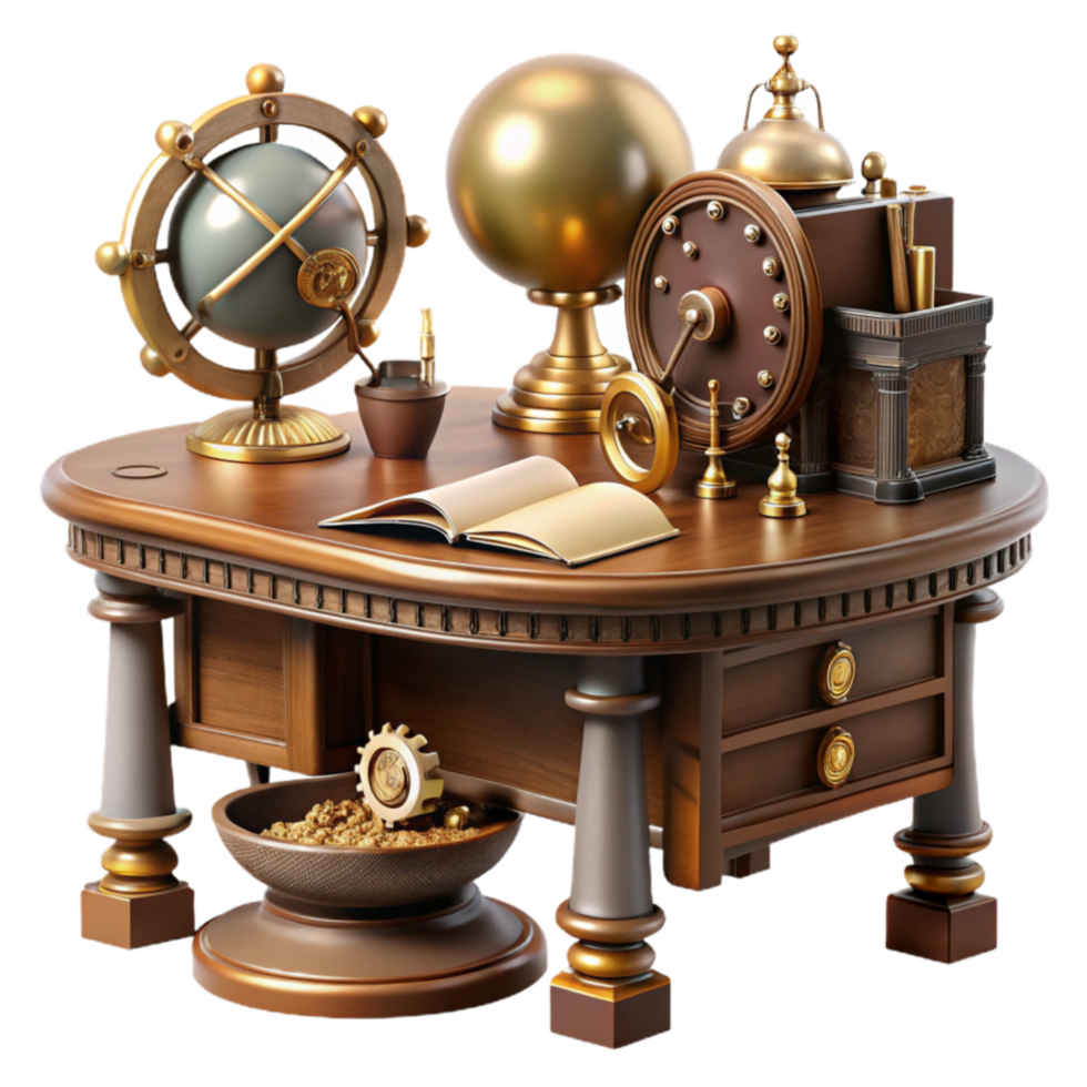 elegant contemporary Antique Desk with Gears, Globes, and Mechanical Devices professional png