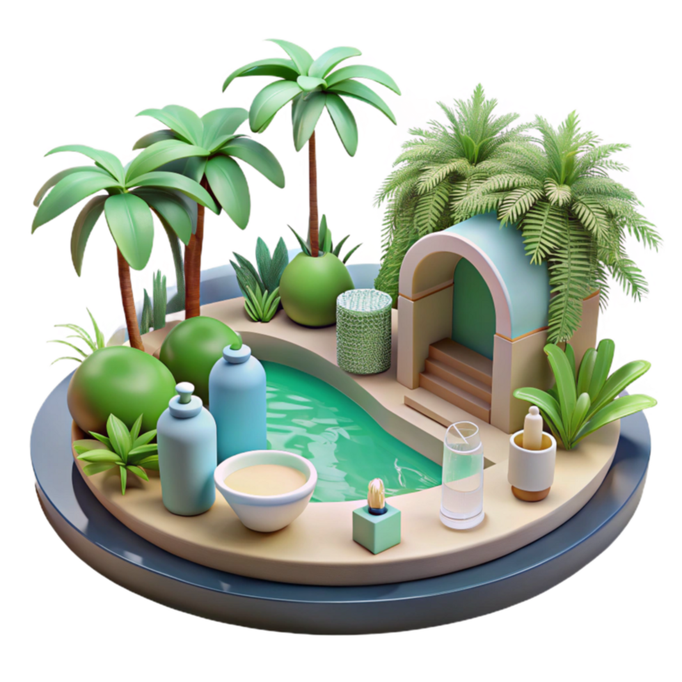 serene vintage Serene Oasis 3D Render of Tropical Pool and Pavilion high quality png