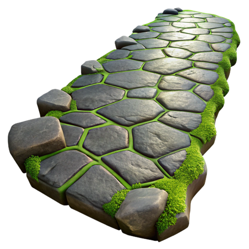 extraordinary artistic Stone Path, Mossy, Game Asset, 3D Render, Hexagon, Cobblestone, Texture, Fantasy, Nature, Walkway authentic png