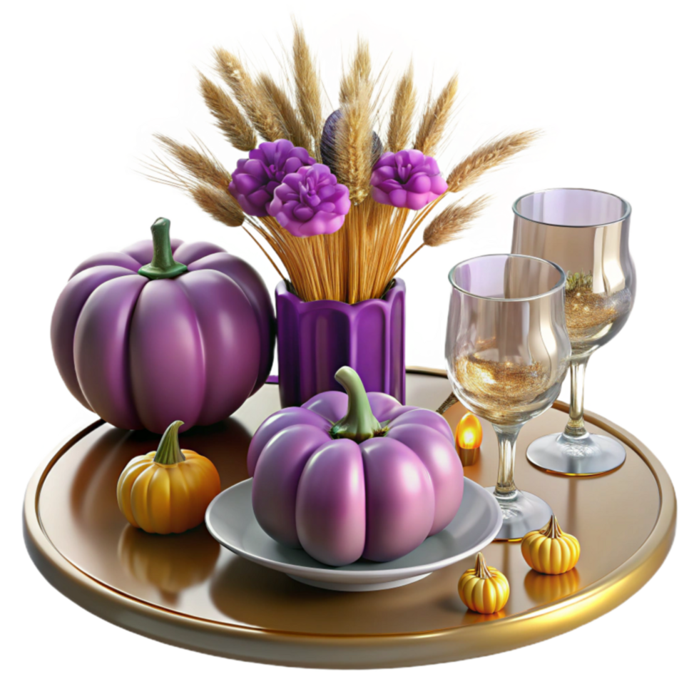 beautiful modern Autumn Harvest Table Setting with Purple Pumpkins professional png