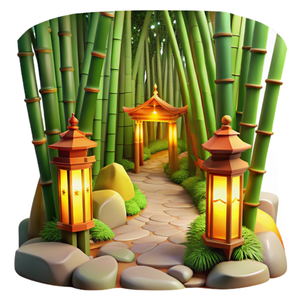 Serene Bamboo Forest Path with Lanterns png