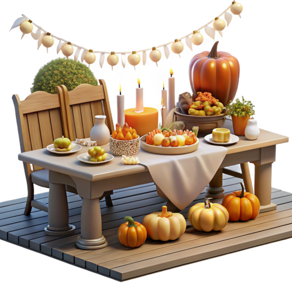 Autumn Harvest Feast Table Setting with Pumpkins and Candles png