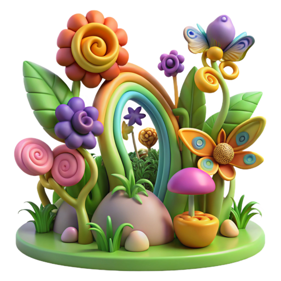 magnificent creative Whimsical Rainbow Garden 3D Render of Fantasy Flowers Mushrooms genuine png