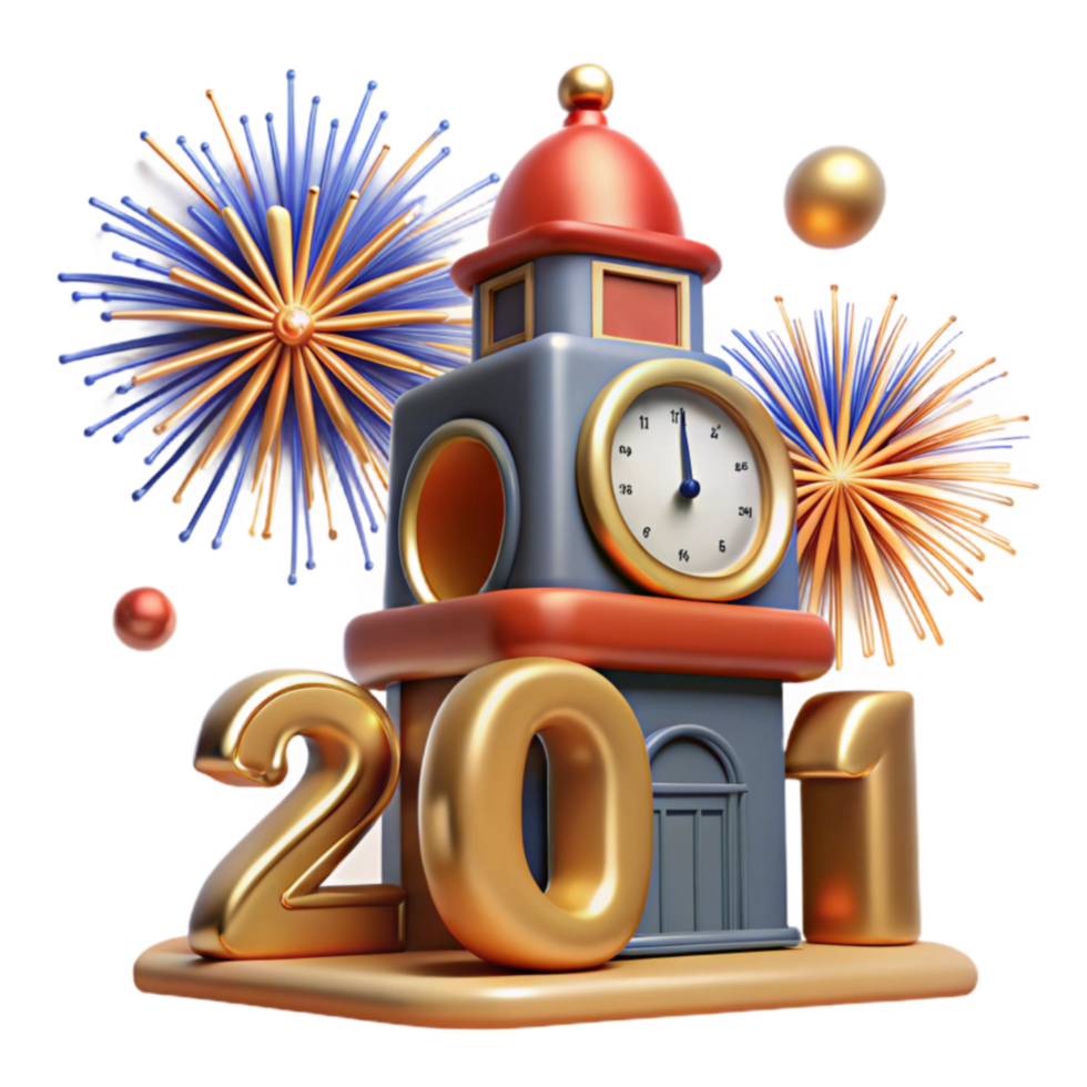 serene creative 2021 New Year Clock Tower with Fireworks detailed png