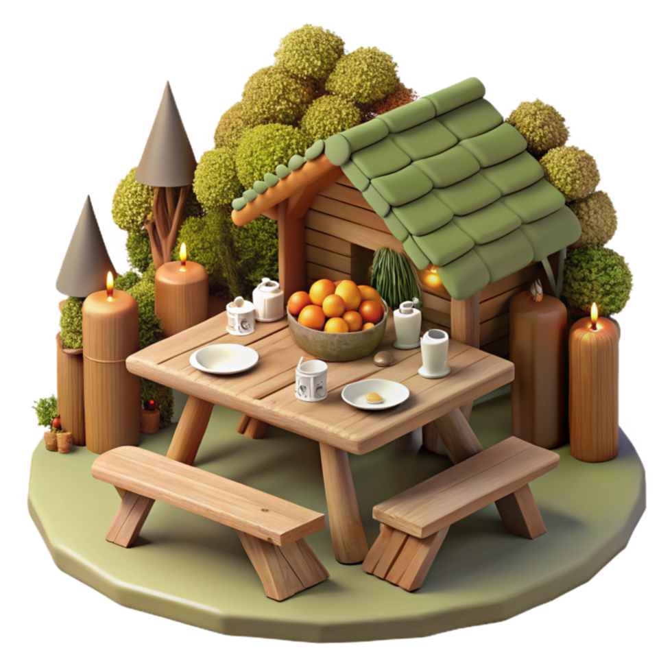impressive creative Rustic Wooden Picnic Table Setting in a Cozy Cabin 4K png