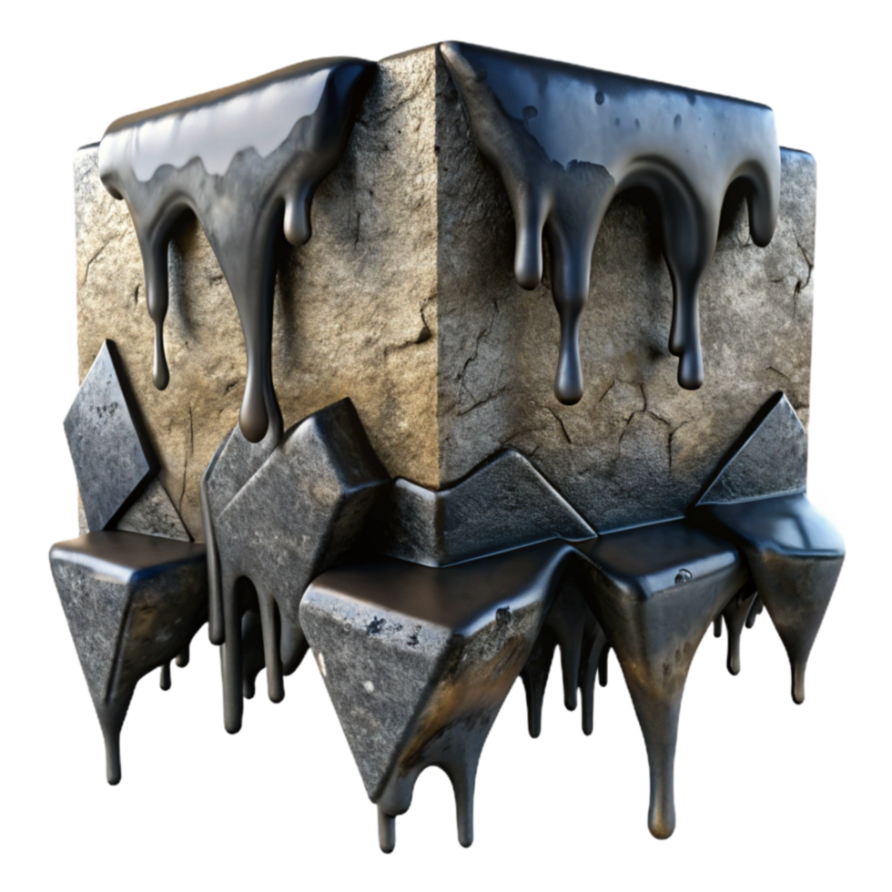 impressive minimalist Stone Cube Dripping Dark Liquid 3D Render high quality png