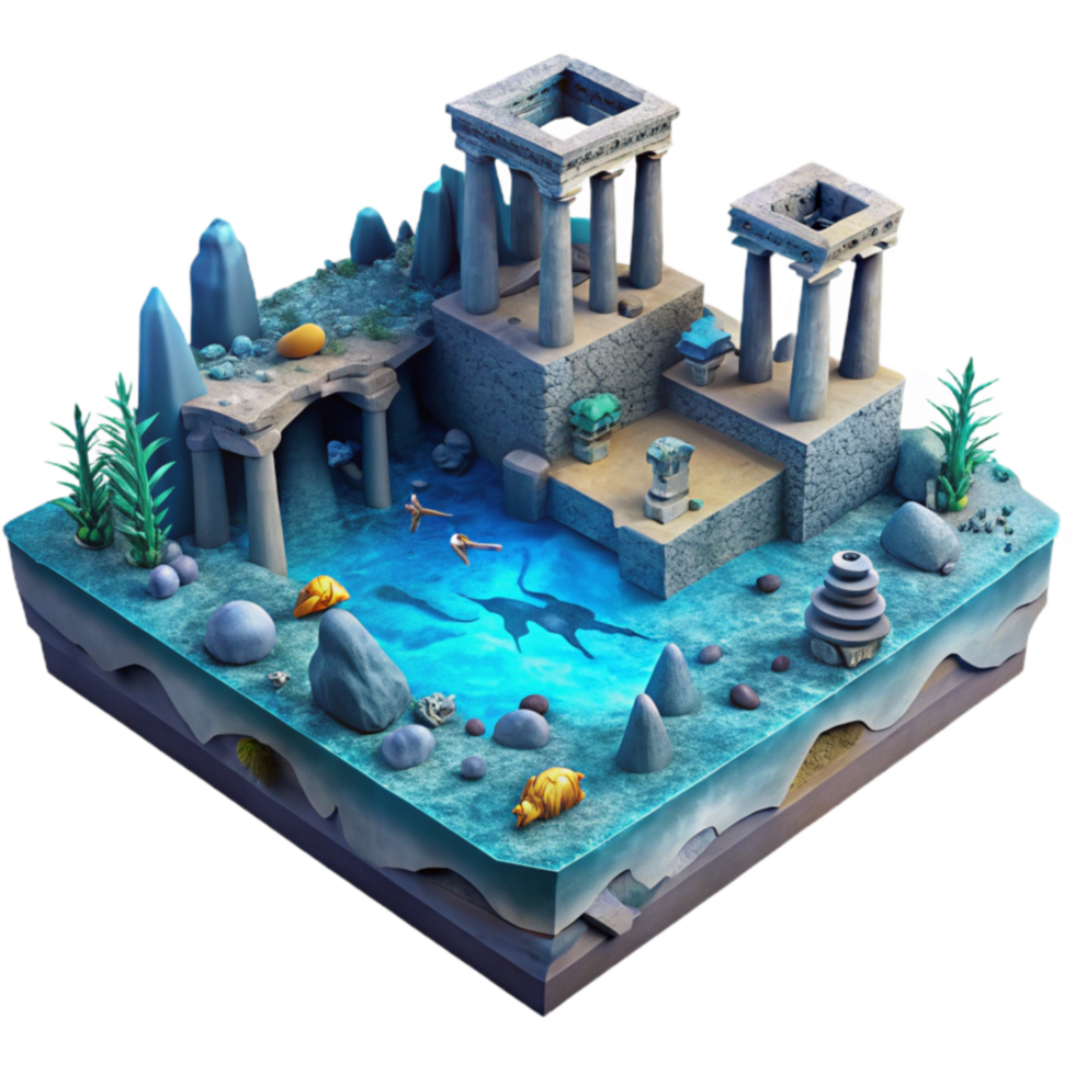Submerged Temple Isometric 3D Render of Ancient Ruins png