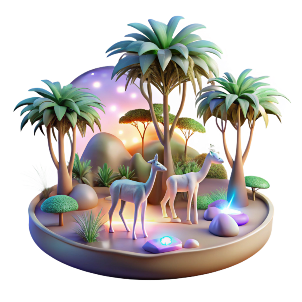 Sunset Savanna Digital Oasis with Gazelles and Palm Trees png
