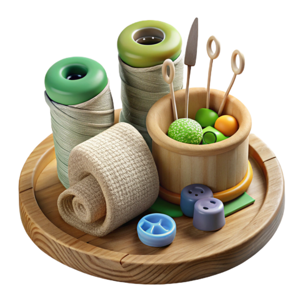 Sewing Kit on Wooden Tray Thread, Buttons, Pins png