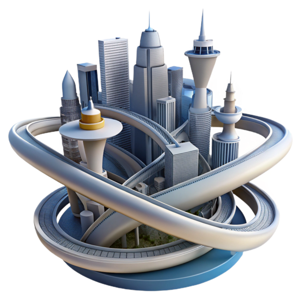 dramatic vintage Futuristic Cityscape Elevated Transportation Modern Architecture original png