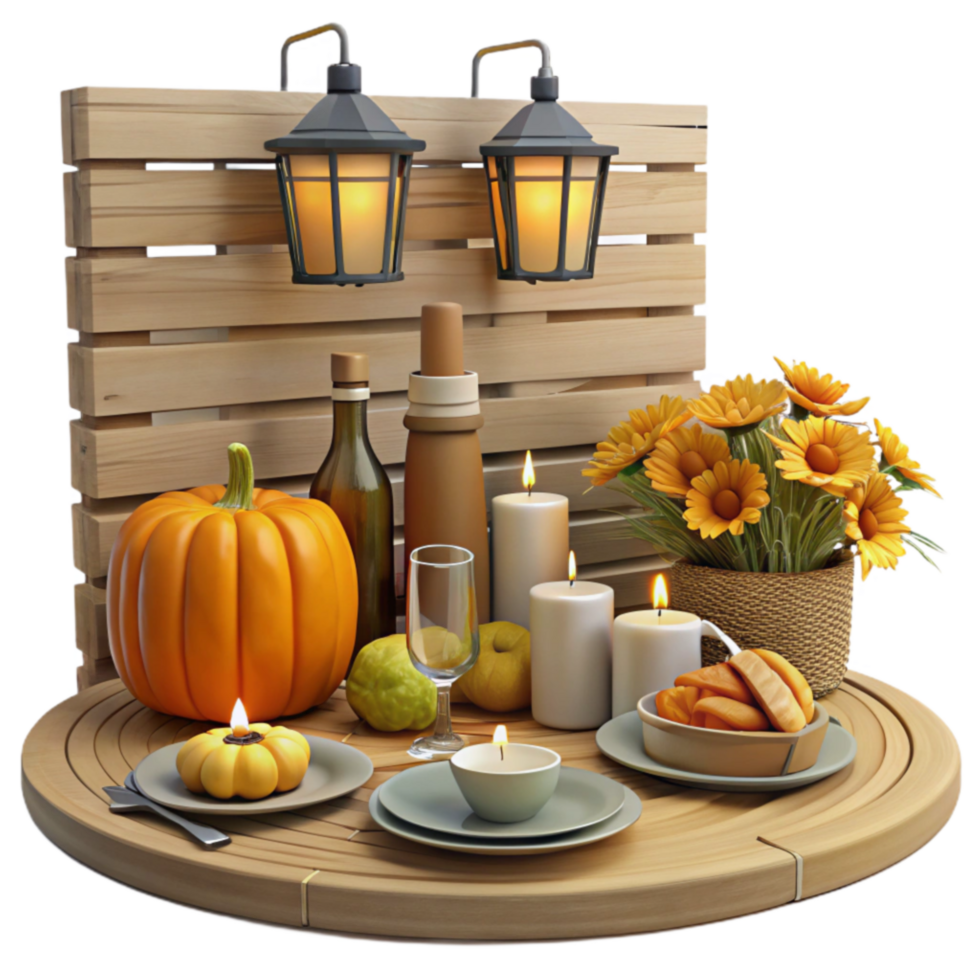 beautiful classic Autumn Harvest Table Setting Pumpkins, Candles, Flowers authentic png