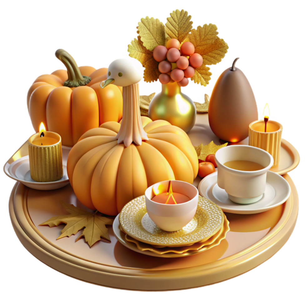serene traditional Autumn Harvest Pumpkins, Candles, and Tea original png