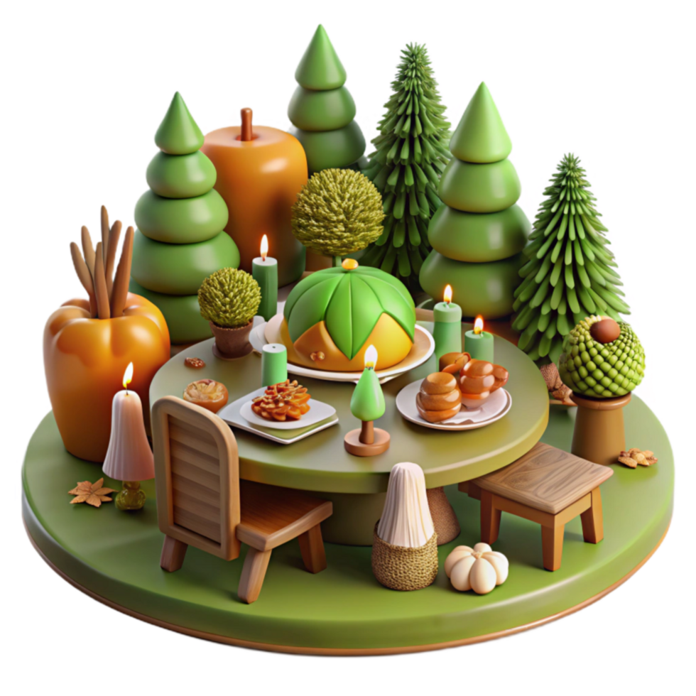beautiful rustic Autumnal Feast A 3D Rendered Table Setting in a Forest 4K png