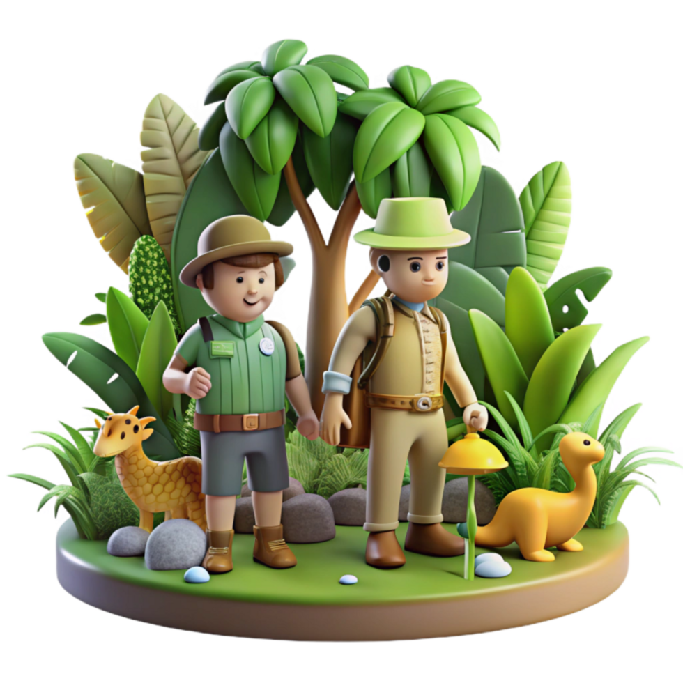 Jungle Explorers 3D Render of Adventurers Discovering Prehistoric Life png