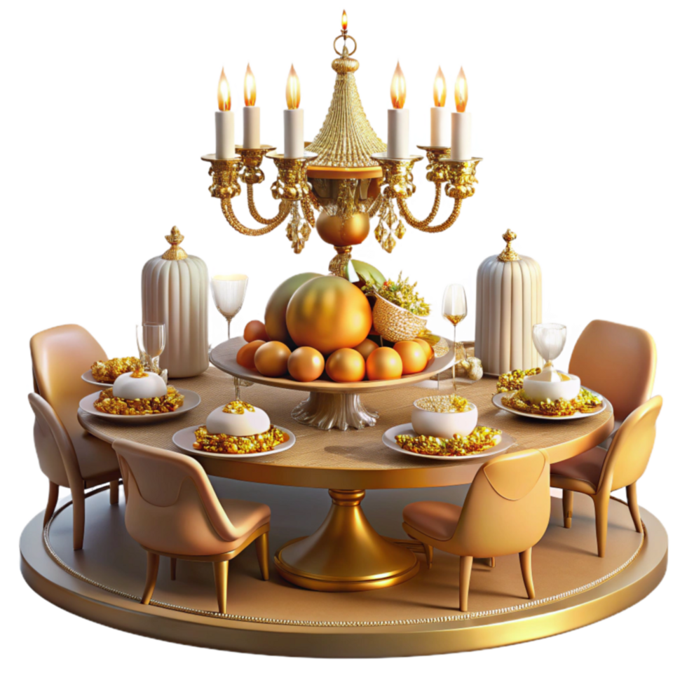 extraordinary minimalist Luxury Golden Table Setting with Fruit Candles premium png