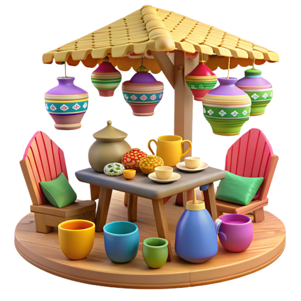extraordinary classic Charming Outdoor Tea Party Scene with Colorful Pottery 4K png
