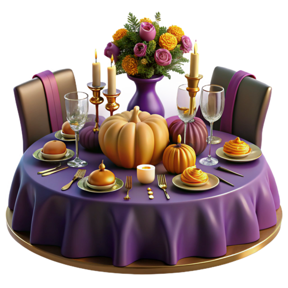 wonderful classic Autumn Harvest Table Setting Pumpkins, Candles, and Flowers high quality png