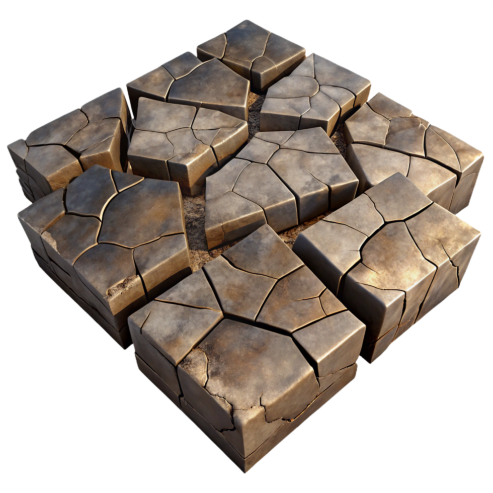 wonderful classic Cracked Stone Blocks 3D Render of Cube-Shaped Fractured Stone Texture detailed png