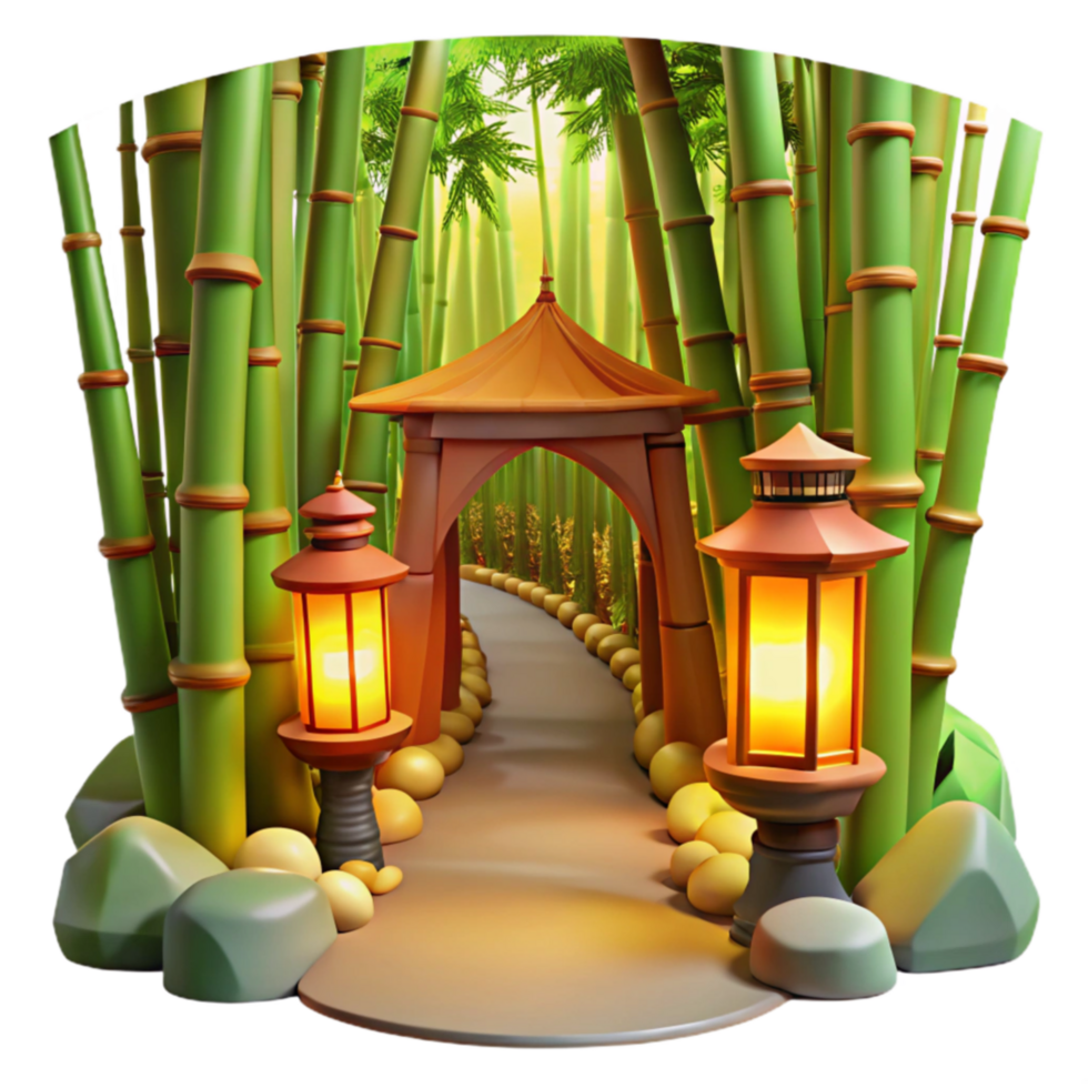 beautiful vintage Serene Bamboo Forest Path with Illuminated Lanterns authentic png