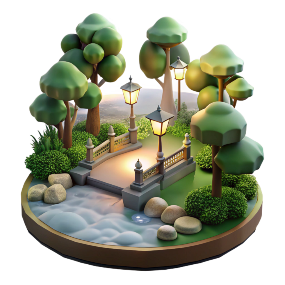 Evening Park Scene Bridge, Trees, and Lights png