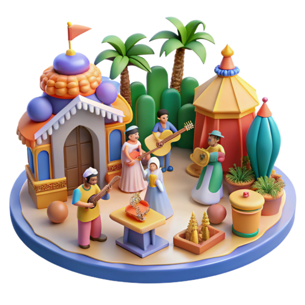 extraordinary minimalist 3D Render Festive Village Musicians Market high resolution png