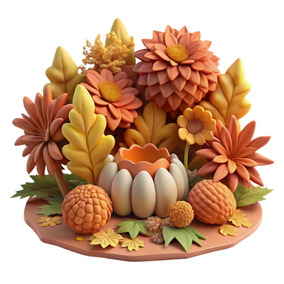 Autumn Floral 3D Render Flowers, Leaves, and Pot png