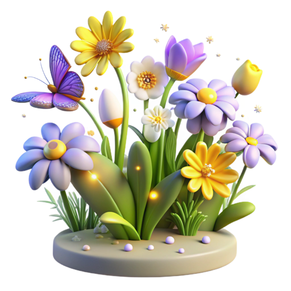 stunning abstract Spring Floral Fantasy 3D Render of Enchanted Flowers and Butterfly professional png