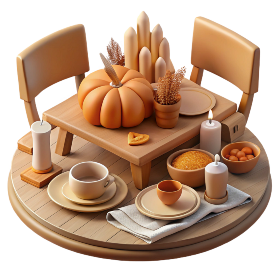 serene abstract Autumn Harvest Table Setting Candles, Pumpkin, and Cozy Fall Decor detailed png